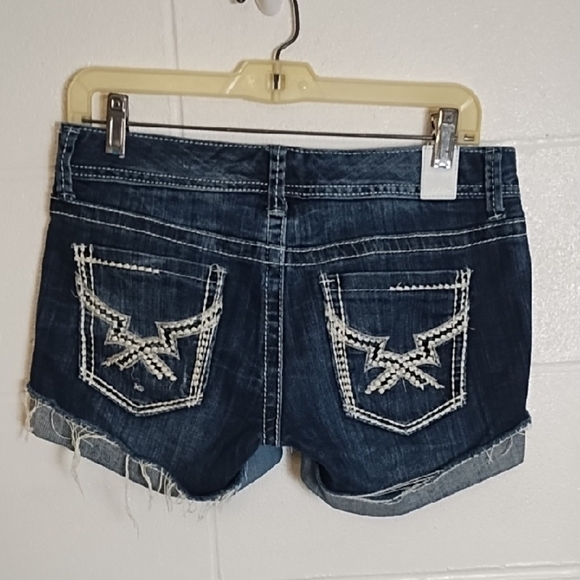 Maurices Pants - Dark Blue Jean Shorts with Frayed Cudded Hem and Decorative Stitching